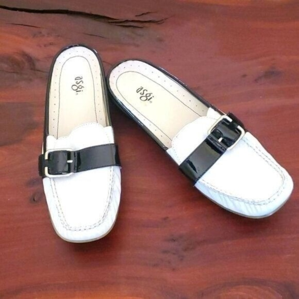 Asgi Womens White Black Leather Buckle Mule Loafers W1029-WHB Size 7M